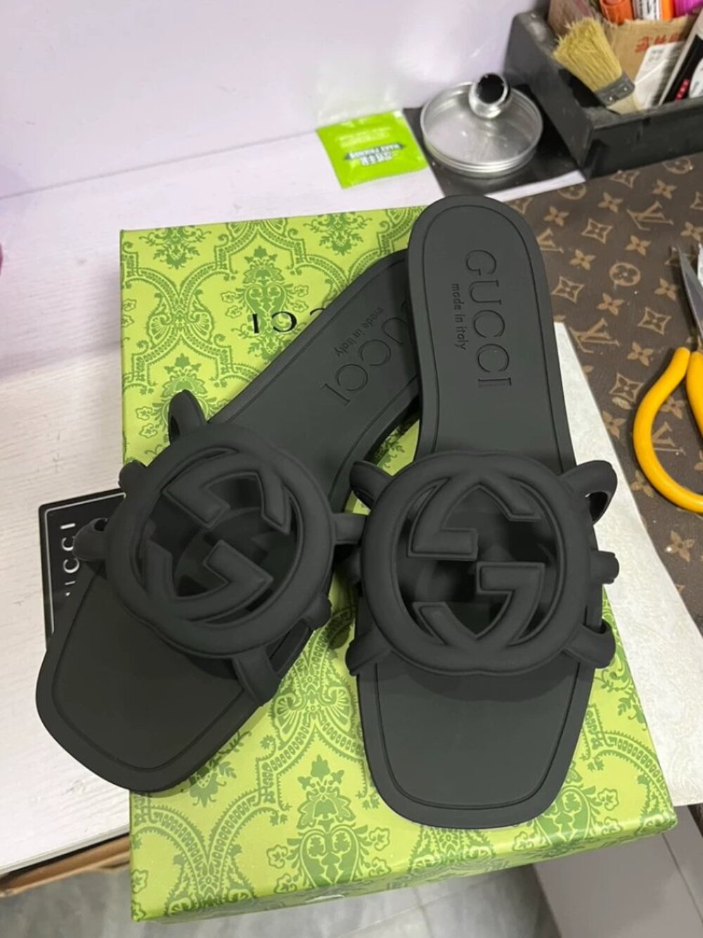 Gucci Black Rubber Interlocking G Cutout Slide Sandals